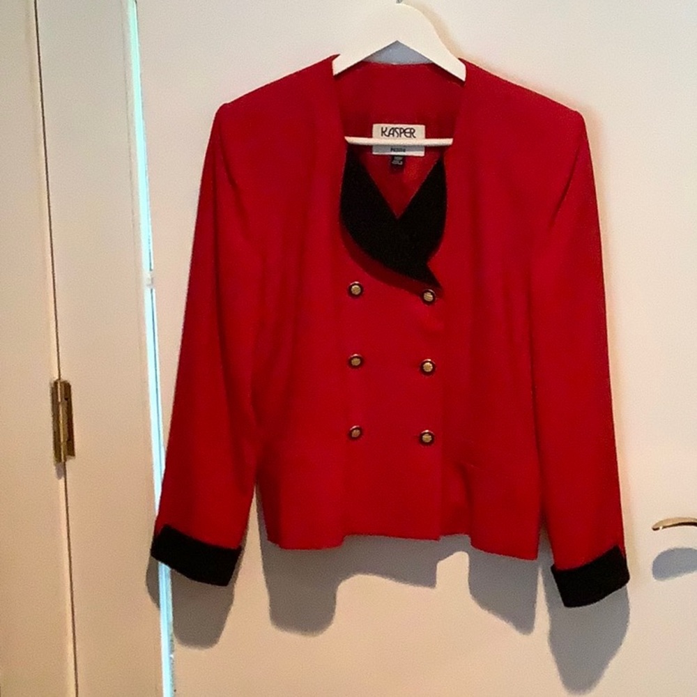 Lovely red jacket, with black cuffs and  double breasted buttons